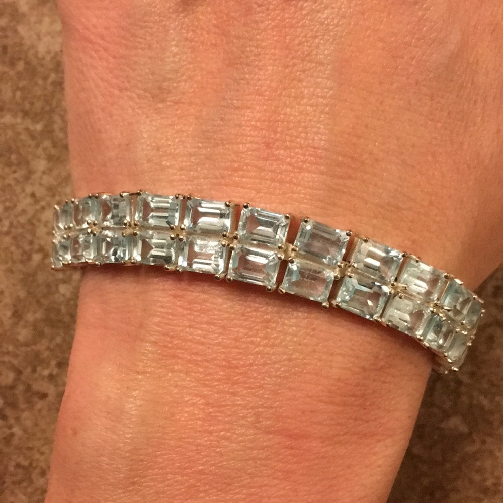 Sterling Silver & Princess Cut Blue Topaz Bracelet